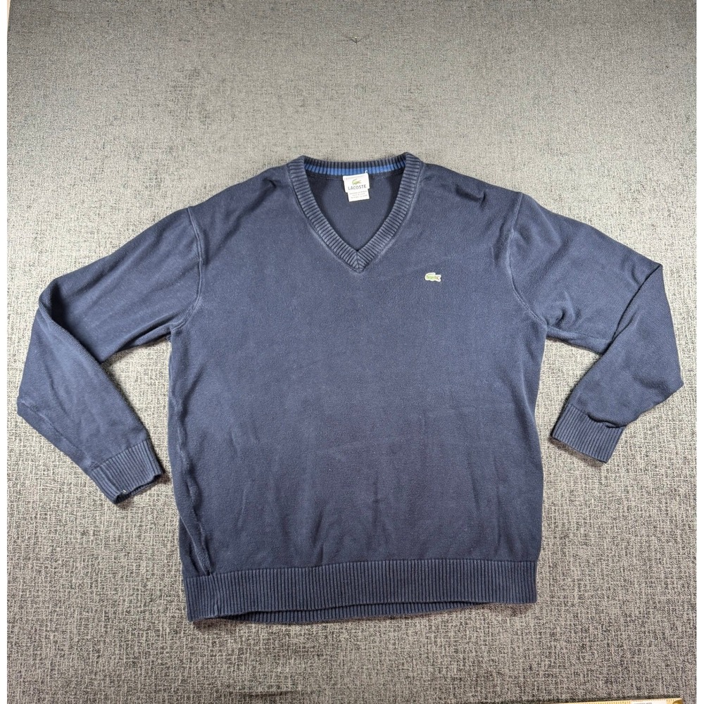 Lacoste Mens V-Neck Sweater Navy‎ Blue Knit Crocodile Logo Size 7 XL VTG
